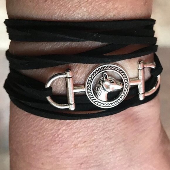 Tie Wrap Horse Bit Silver Bracelet Cuff Yoga Boho Cowboy Vegan Faux Leather - Picture 2 of 4